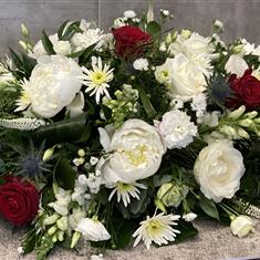 Classic Red, White and Blue casket spray with Scottish Thistle